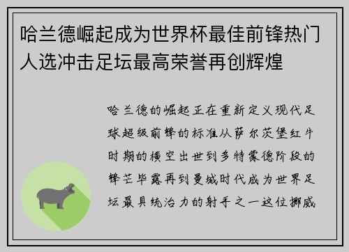 哈兰德崛起成为世界杯最佳前锋热门人选冲击足坛最高荣誉再创辉煌